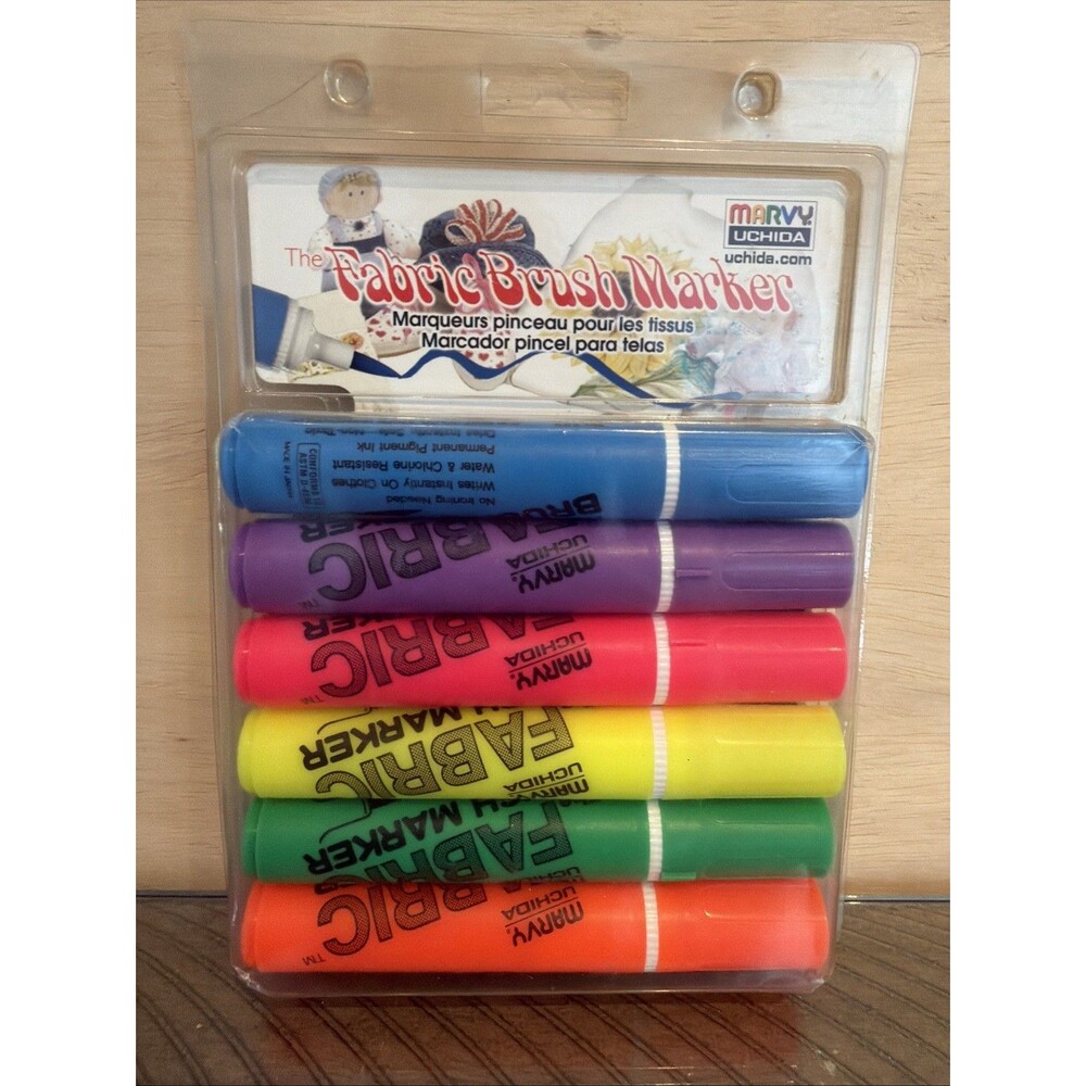 Marvy Uchida 6pc Fluorescent Brush Point Fabric Markers color NEW NIB
